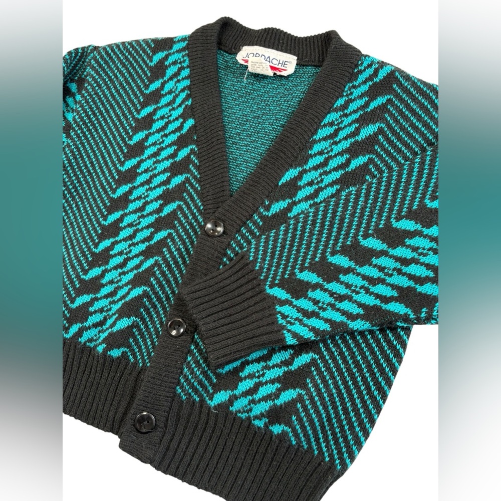 Vtg 80|90s JORDACHE Kids 6 Cardigan Sweater Teal Geometric Grandpa Knit